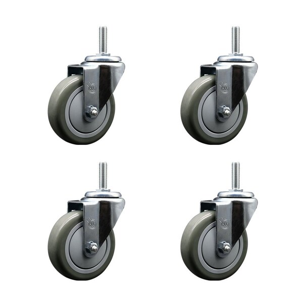 4 Inch Gray Polyurethane Wheel Swivel 58 Inch Threaded Stem Caster Set Service Caster